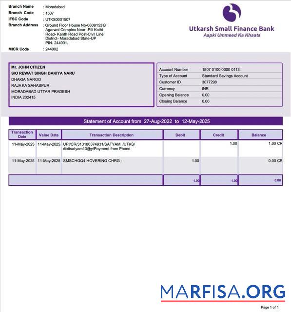 Realistic India Utkarsh Small Finance bank statement of account word sample